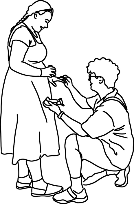 Line drawing of Tianli proposing to Jessie.
