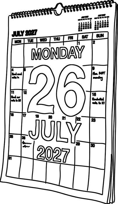 Line drawing of a wall calendar open at Monday 26 July 2027.